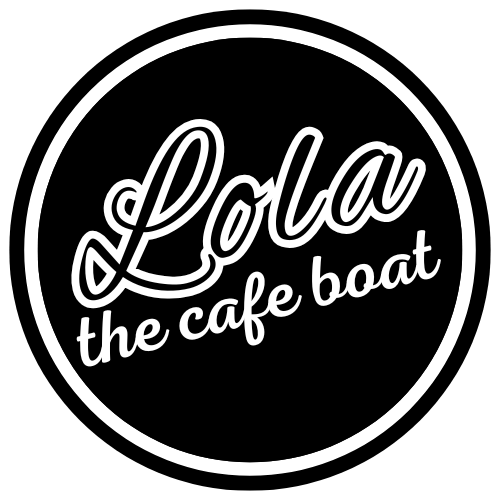 Lola the Cafe boat logo - white script on black circle